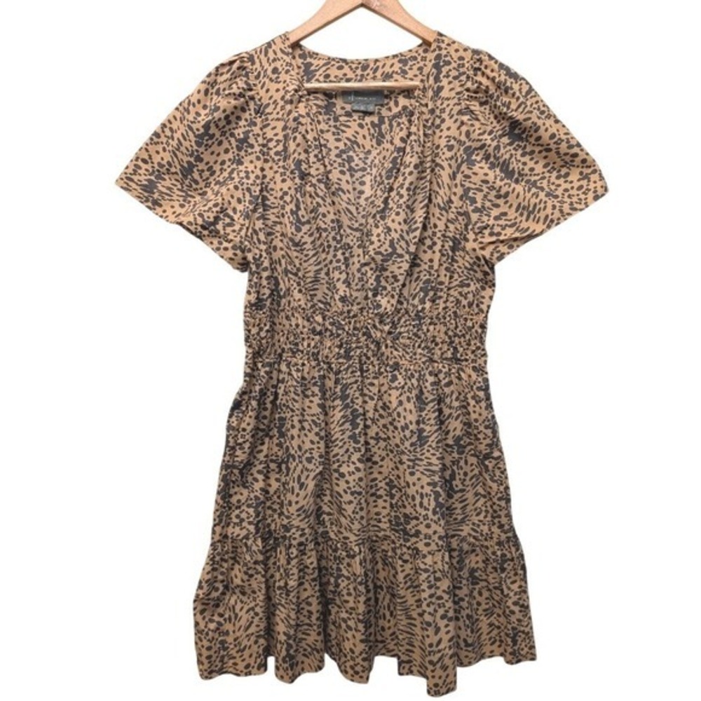 By Anthropologie Leopard Print Smocked Waist Tiered Ruffle Mini Dress Brown Sz M - Picture 2 of 14